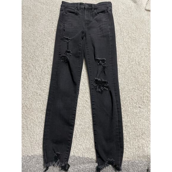 American Eagle Sz 0 Stretch Hi Rise Straight Leg Distressed Raw Hem Jeans Black - Picture 1 of 11